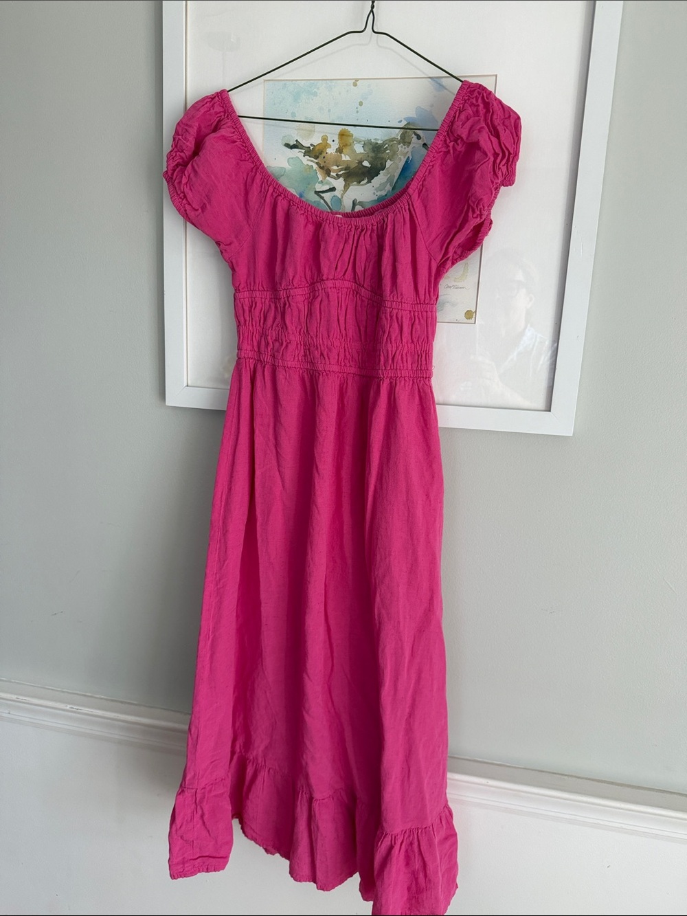 Women’s Hot Pink Smocked Maxi Dress with Puff Sleeves Small Linen